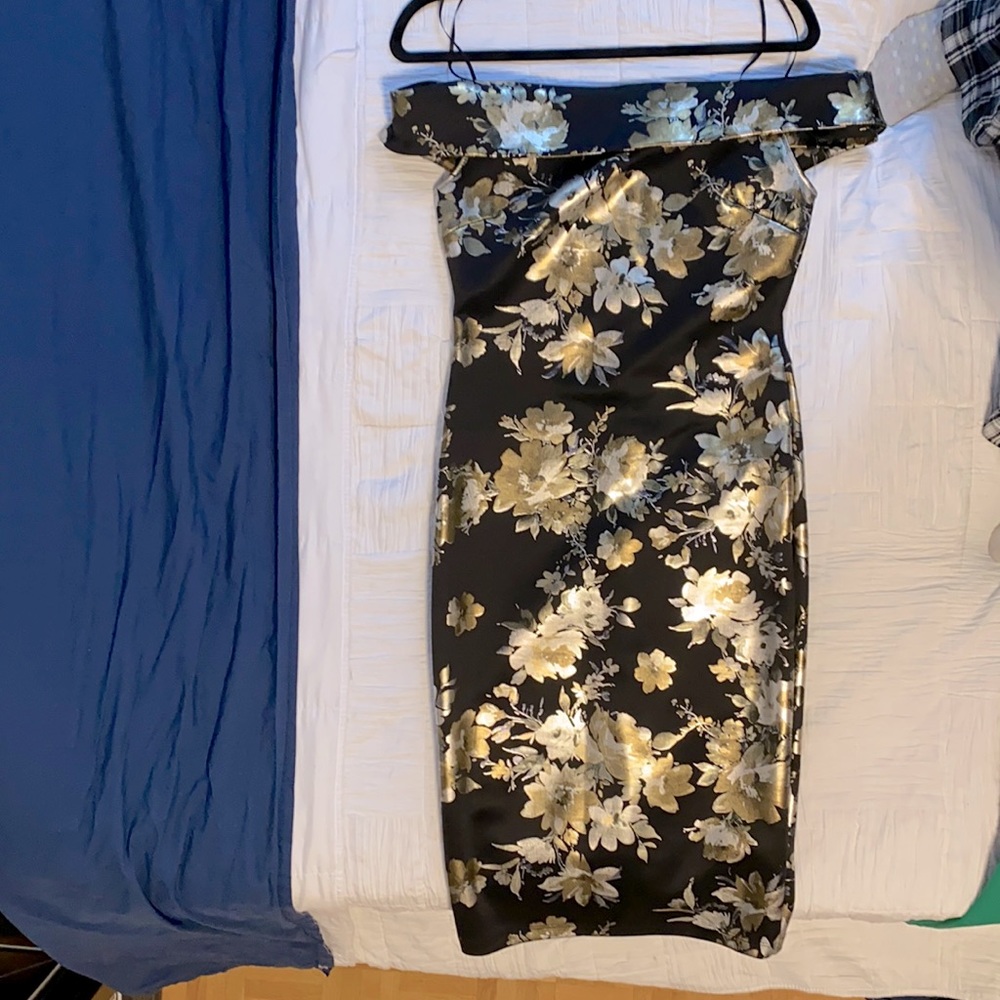 Black and gold floral shoulder strap dress